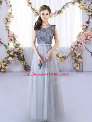 Romantic Grey Tulle Lace Up Scoop Sleeveless Floor Length Quinceanera Court of Honor Dress Appliques