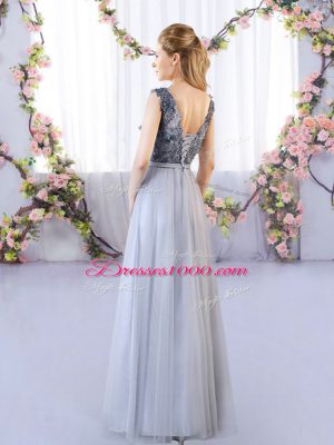 Romantic Grey Tulle Lace Up Scoop Sleeveless Floor Length Quinceanera Court of Honor Dress Appliques