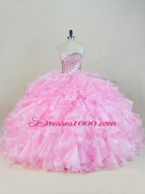 Beading and Ruffles Sweet 16 Quinceanera Dress Baby Pink Lace Up Sleeveless Floor Length