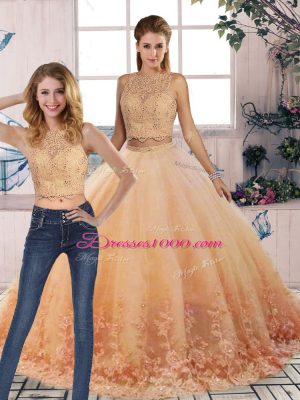 Peach Two Pieces Scalloped Sleeveless Tulle Sweep Train Backless Lace 15th Birthday Dress