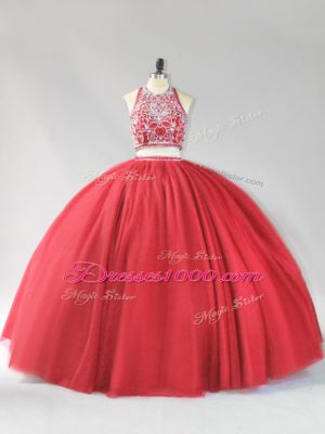 Tulle Halter Top Sleeveless Backless Beading 15th Birthday Dress in Red