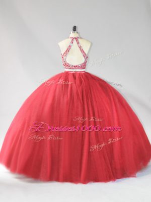 Tulle Halter Top Sleeveless Backless Beading 15th Birthday Dress in Red