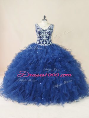 Navy Blue Sleeveless Floor Length Embroidery and Ruffles Backless Quinceanera Gowns