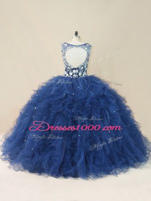 Navy Blue Sleeveless Floor Length Embroidery and Ruffles Backless Quinceanera Gowns