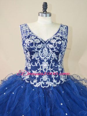 Navy Blue Sleeveless Floor Length Embroidery and Ruffles Backless Quinceanera Gowns