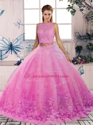 Rose Pink Two Pieces Scalloped Sleeveless Tulle Sweep Train Backless Lace 15th Birthday Dress