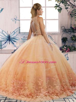 Rose Pink Two Pieces Scalloped Sleeveless Tulle Sweep Train Backless Lace 15th Birthday Dress