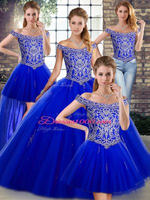 Off The Shoulder Sleeveless Lace Up Vestidos de Quinceanera Royal Blue Tulle