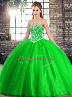 Dazzling Green Ball Gowns Sweetheart Sleeveless Tulle Brush Train Lace Up Beading Quince Ball Gowns