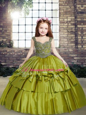 Cheap Floor Length Lace Up Little Girl Pageant Gowns Olive Green for Party and Military Ball and Wedding Party with Beading