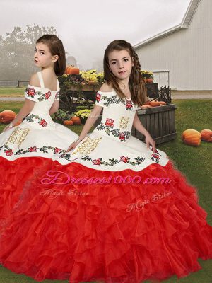 Exquisite Red Lace Up Little Girls Pageant Dress Wholesale Embroidery and Ruffles Sleeveless Floor Length