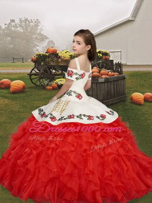 Exquisite Red Lace Up Little Girls Pageant Dress Wholesale Embroidery and Ruffles Sleeveless Floor Length