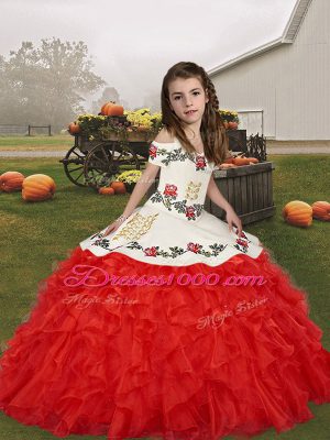 Exquisite Red Lace Up Little Girls Pageant Dress Wholesale Embroidery and Ruffles Sleeveless Floor Length