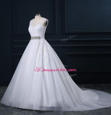 Comfortable White Sleeveless Tulle Court Train Zipper Wedding Gowns for Wedding Party