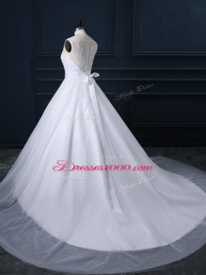 Comfortable White Sleeveless Tulle Court Train Zipper Wedding Gowns for Wedding Party