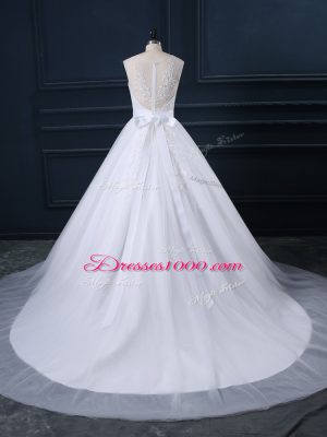 Comfortable White Sleeveless Tulle Court Train Zipper Wedding Gowns for Wedding Party