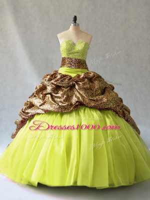 Most Popular V-neck Sleeveless Quinceanera Gown Brush Train Beading Yellow Green Organza and Printed