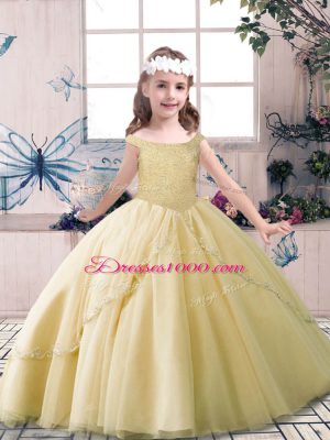 Champagne Ball Gowns Beading Child Pageant Dress Lace Up Tulle Sleeveless Floor Length