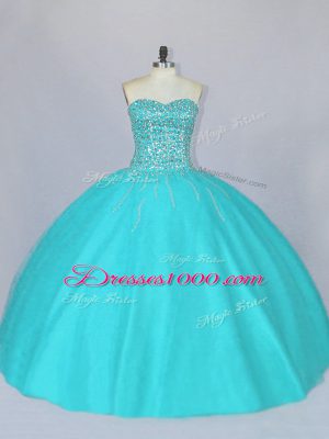 Aqua Blue Sweetheart Neckline Beading Quinceanera Gown Sleeveless Lace Up