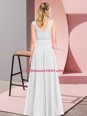 White Empire Chiffon Scoop Sleeveless Beading and Appliques Floor Length Zipper Court Dresses for Sweet 16