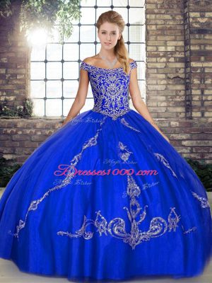 Floor Length Royal Blue Quince Ball Gowns Tulle Sleeveless Beading and Embroidery