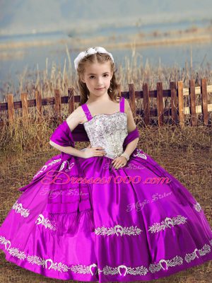 Straps Sleeveless Child Pageant Dress Floor Length Beading and Embroidery Fuchsia Satin