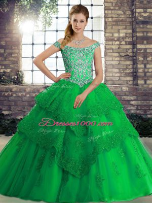 Decent Green Lace Up Off The Shoulder Beading and Lace Ball Gown Prom Dress Tulle Sleeveless Brush Train