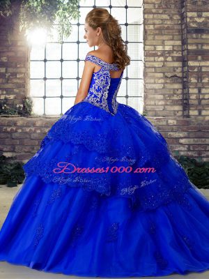 Decent Green Lace Up Off The Shoulder Beading and Lace Ball Gown Prom Dress Tulle Sleeveless Brush Train