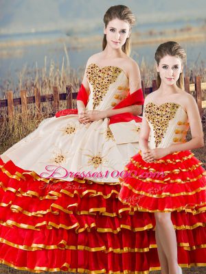 White And Red Ball Gowns Beading and Ruffled Layers Quinceanera Gown Lace Up Satin Sleeveless Floor Length