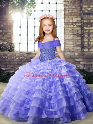 High Quality Lavender Ball Gowns Straps Sleeveless Organza Brush Train Lace Up Beading and Ruffled Layers Little Girl Pageant Dress
