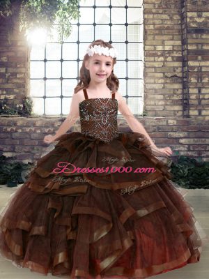 Beautiful Beading and Ruffles Party Dress for Girls Brown Lace Up Sleeveless Floor Length