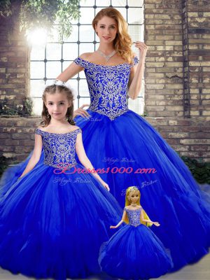 Graceful Tulle Off The Shoulder Sleeveless Lace Up Beading and Ruffles 15 Quinceanera Dress in Royal Blue