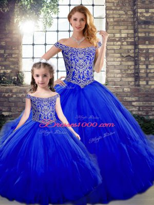 Graceful Tulle Off The Shoulder Sleeveless Lace Up Beading and Ruffles 15 Quinceanera Dress in Royal Blue