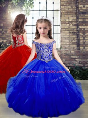 Graceful Tulle Off The Shoulder Sleeveless Lace Up Beading and Ruffles 15 Quinceanera Dress in Royal Blue