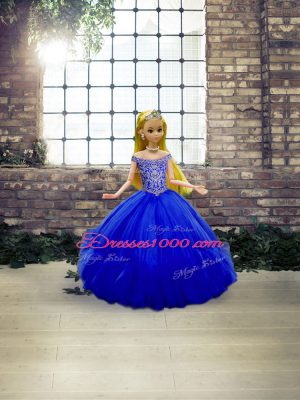 Graceful Tulle Off The Shoulder Sleeveless Lace Up Beading and Ruffles 15 Quinceanera Dress in Royal Blue