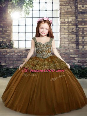 Charming Brown Tulle Lace Up Straps Sleeveless Floor Length Girls Pageant Dresses Beading and Appliques