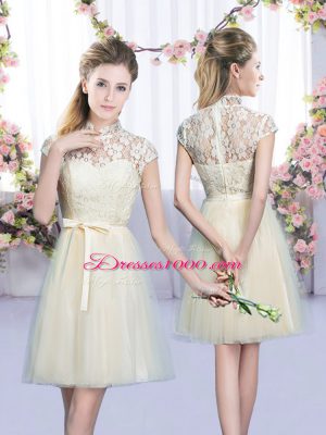 Excellent Champagne Vestidos de Damas Wedding Party with Lace and Bowknot High-neck Cap Sleeves Lace Up