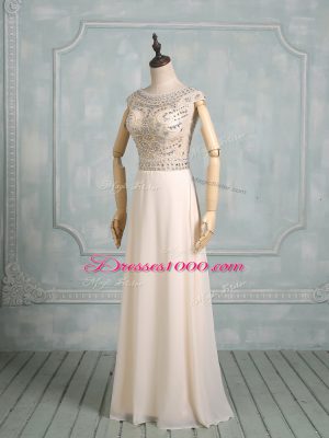 Popular Champagne Empire Chiffon Scoop Cap Sleeves Beading Floor Length Backless Prom Party Dress