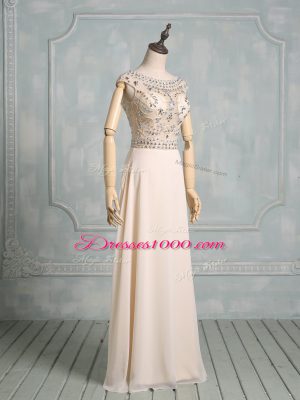 Popular Champagne Empire Chiffon Scoop Cap Sleeves Beading Floor Length Backless Prom Party Dress