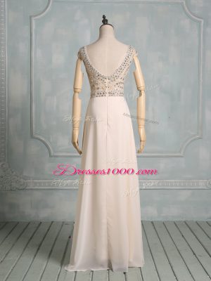 Popular Champagne Empire Chiffon Scoop Cap Sleeves Beading Floor Length Backless Prom Party Dress