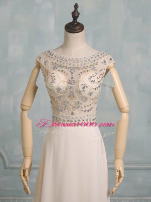 Popular Champagne Empire Chiffon Scoop Cap Sleeves Beading Floor Length Backless Prom Party Dress