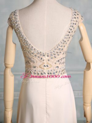 Popular Champagne Empire Chiffon Scoop Cap Sleeves Beading Floor Length Backless Prom Party Dress