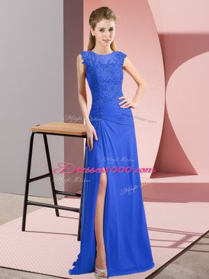 Chiffon Scoop Sleeveless Zipper Lace and Appliques Dress for Prom in Blue
