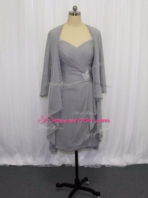 Stunning Grey Half Sleeves Chiffon Zipper Prom Gown for Prom and Party