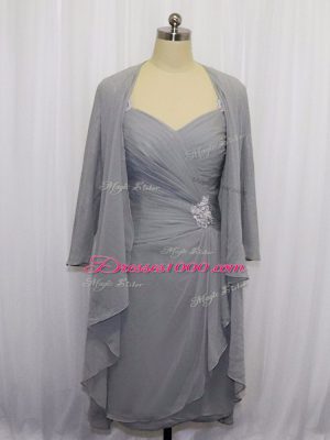 Stunning Grey Half Sleeves Chiffon Zipper Prom Gown for Prom and Party