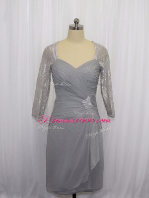 Stunning Grey Half Sleeves Chiffon Zipper Prom Gown for Prom and Party