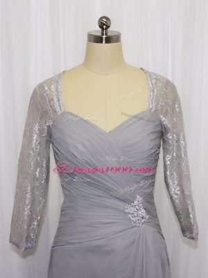 Stunning Grey Half Sleeves Chiffon Zipper Prom Gown for Prom and Party