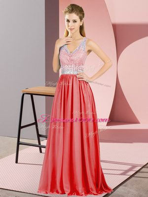 Fantastic Sleeveless Chiffon Floor Length Backless in Red with Beading and Lace