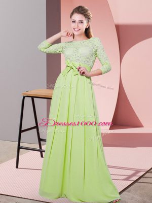 Customized Yellow Green Empire Lace and Belt Bridesmaid Dresses Side Zipper Chiffon 3 4 Length Sleeve Floor Length