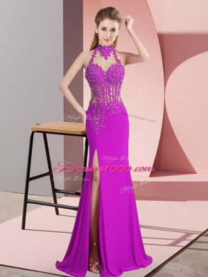 Fuchsia Chiffon Backless Prom Dresses Sleeveless Floor Length Lace and Appliques